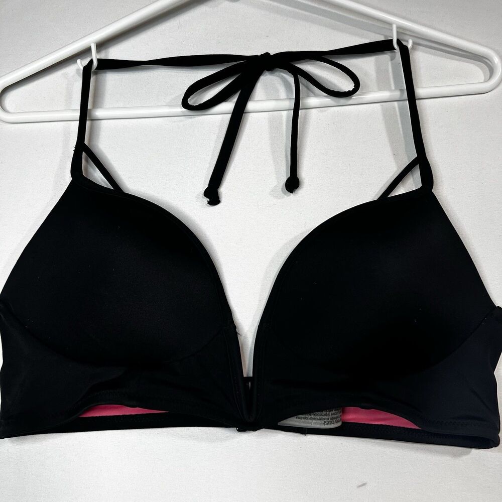 Victoria's Secret PINK Push Up Halter Bikini Top Black Pink Trim Size M Swim